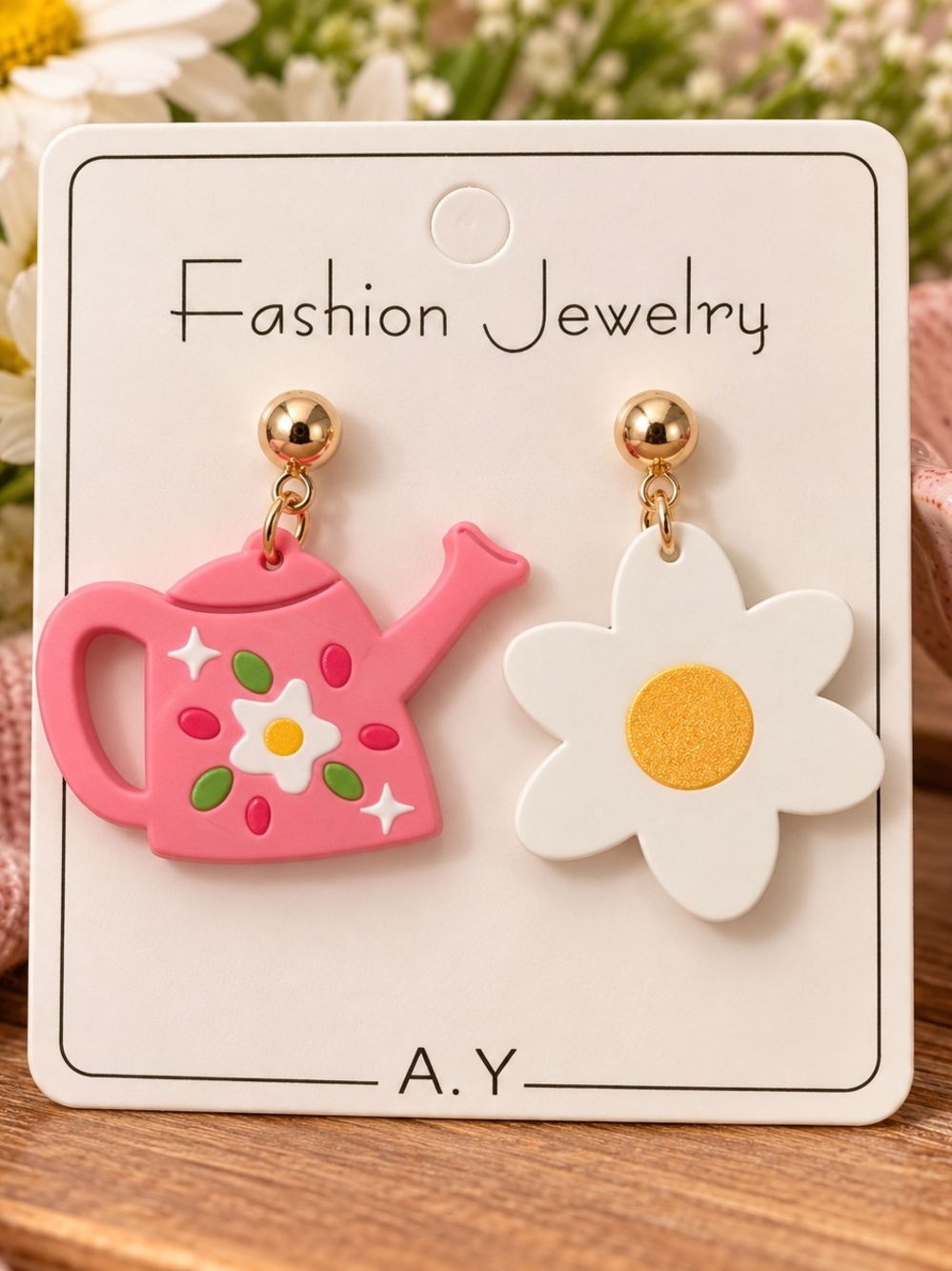 Pink Watering Can & White Daisy Drop Dangle Gardener Resin Earrings New
